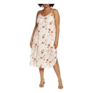 BP Romantic Floral Print Midi Dress Ivory Coral Slip Spaghetti Straps Lined Plus